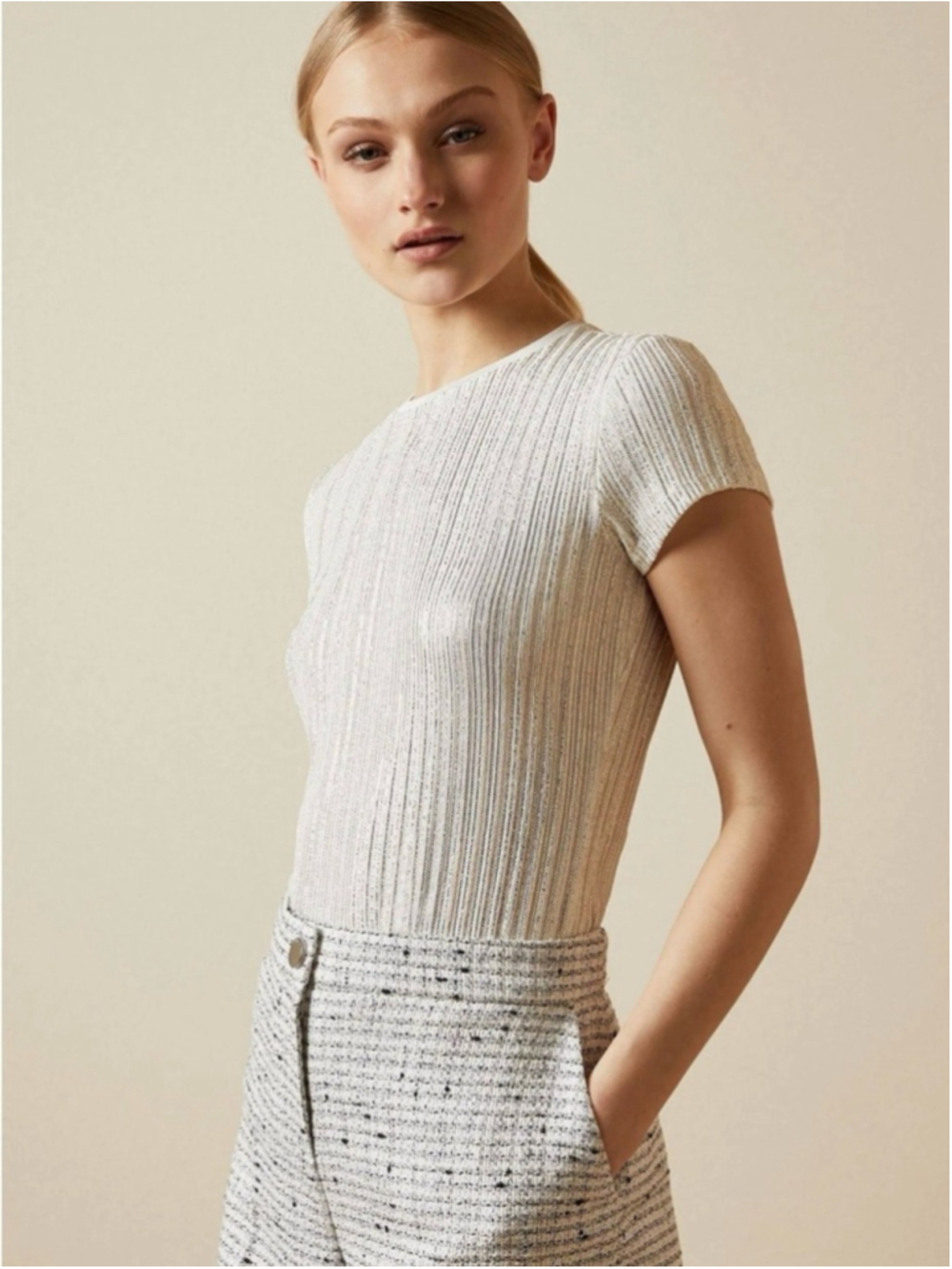 Light Cream Ribbed Short-Sleeve Knit Top
